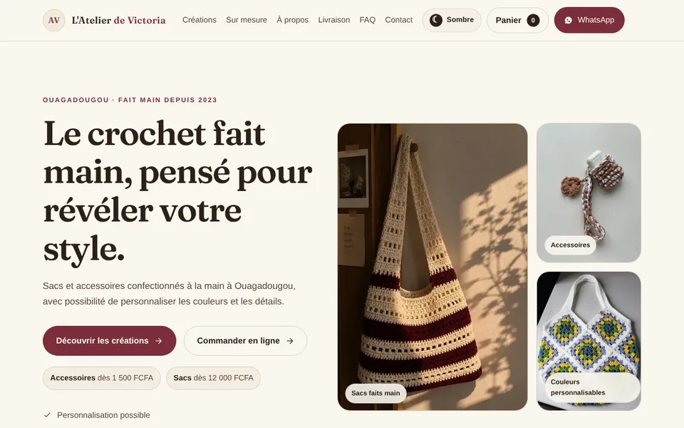 Page d’accueil du site L’Atelier de Victoria sur ordinateur : le titre « Le crochet fait main, pensé pour révéler votre style » et des photos de sacs et d’accessoires en crochet